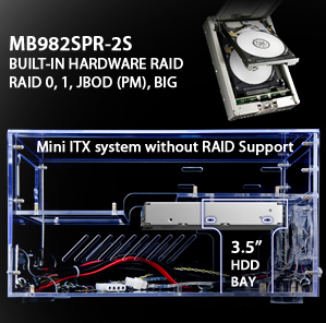 MB982SPR-2S RAID 0, 1, JBOD (PM), BIG for mini ITX system without RAID support
