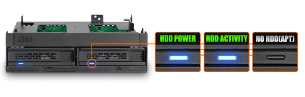 Différents statuts LED en fonction de l'activité du disque inséré dans le MB732SPO-B