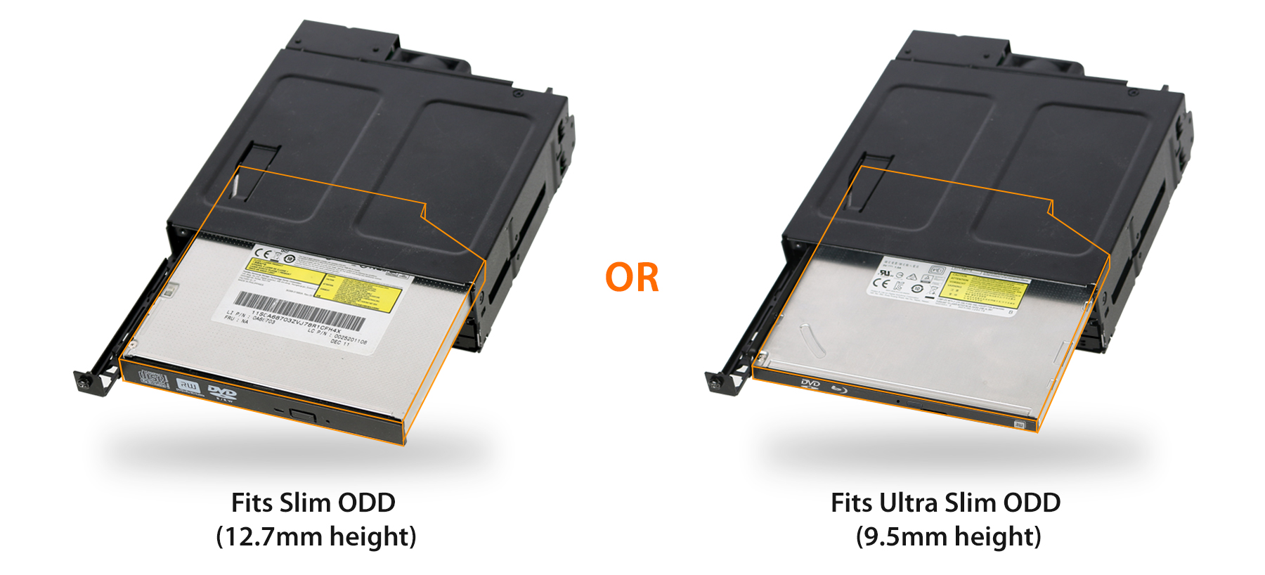 Comparación de un ODD Slim y un ODD Ultra-Slim que caben en el MB604SPO-B