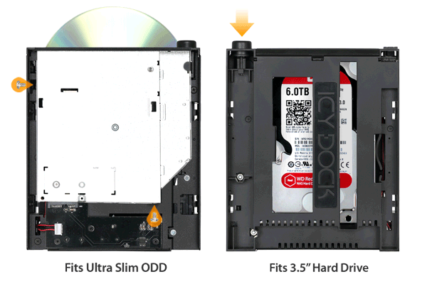 Photo d'une ODD Ultra Slim et d'un disque dur 3.5 pouces dans le MB971SPO-B