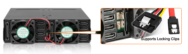 Image animée montrant le soutient par le MB998SK-B des cables d'alimentation SATA 7pin et SATA 15pin avec loquets de verrouillage 