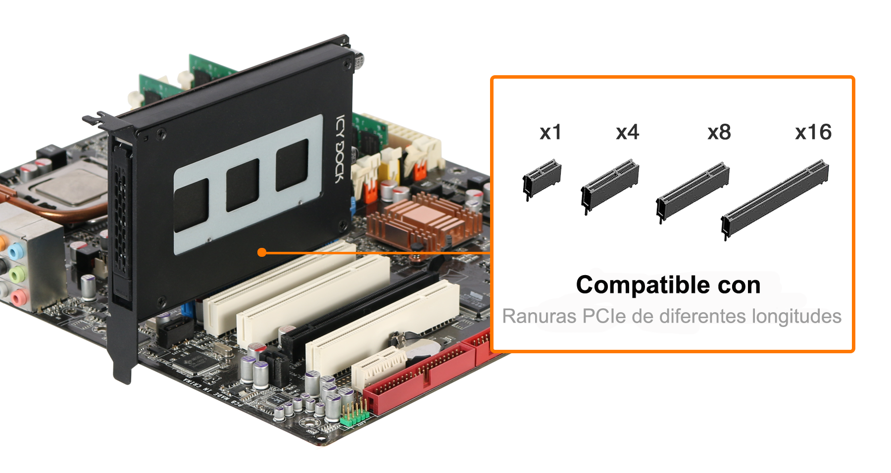 Foto de las diferentes longitudes de las ranuras PCIe compatibles